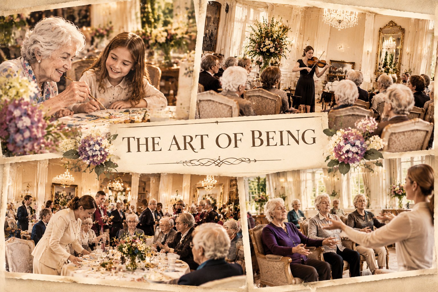 THE ART OF BEING — vintage-inspired illustrative collage of intergenerational creative gatherings, elegant cultural salons and lively senior living open days