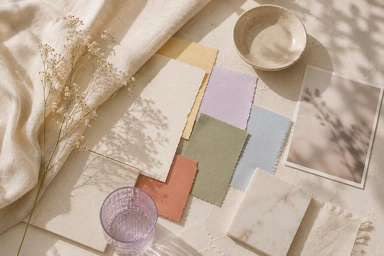 Ivory linen, sage and blush palette, ceramic and natural light