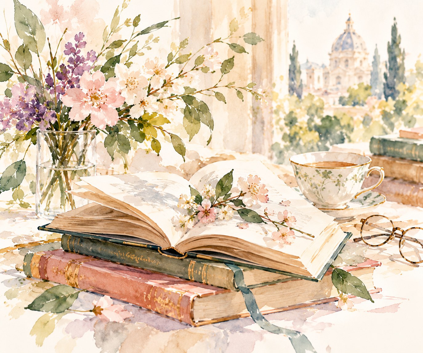 Minimal pastel watercolour inspired by literary wellbeing