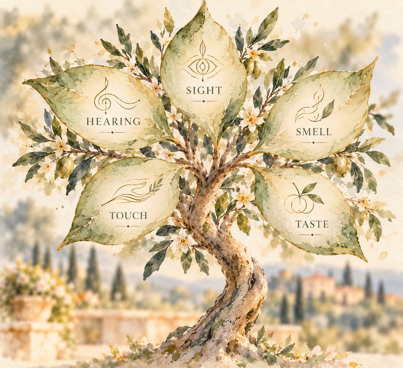 Elegant watercolour olive tree with five gold-edged leaves labelled Sight, Hearing, Smell, Touch and Taste