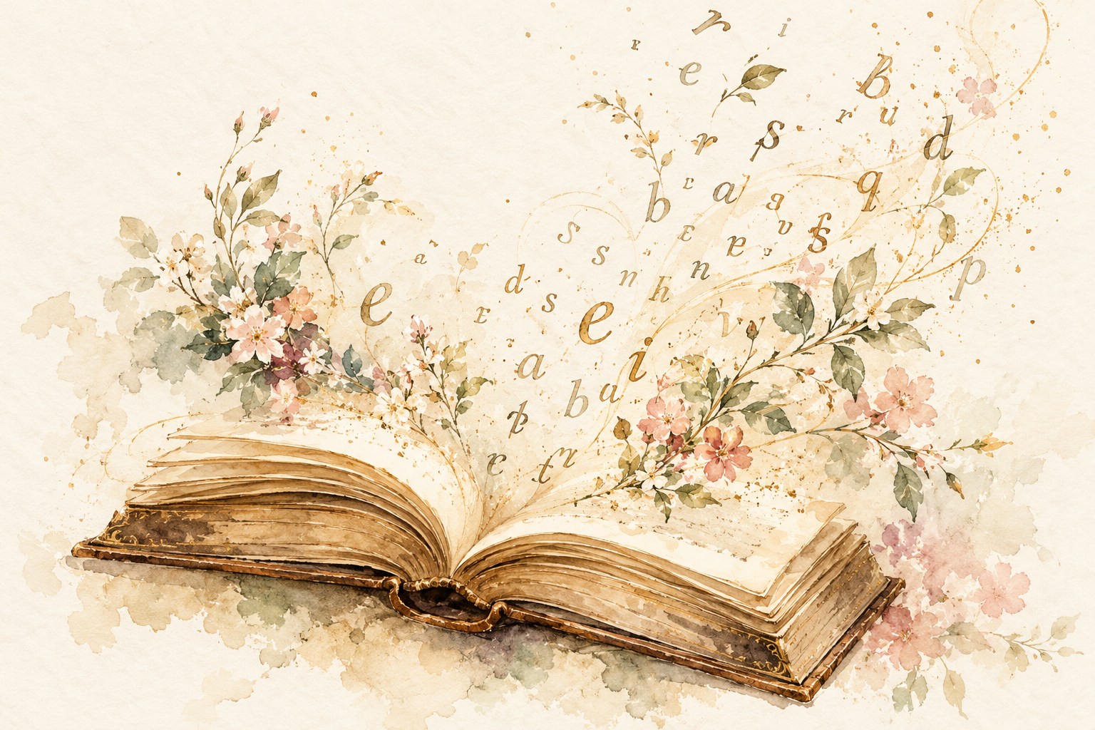 Elegant watercolour of an antique open book with floating letters and delicate blossoms